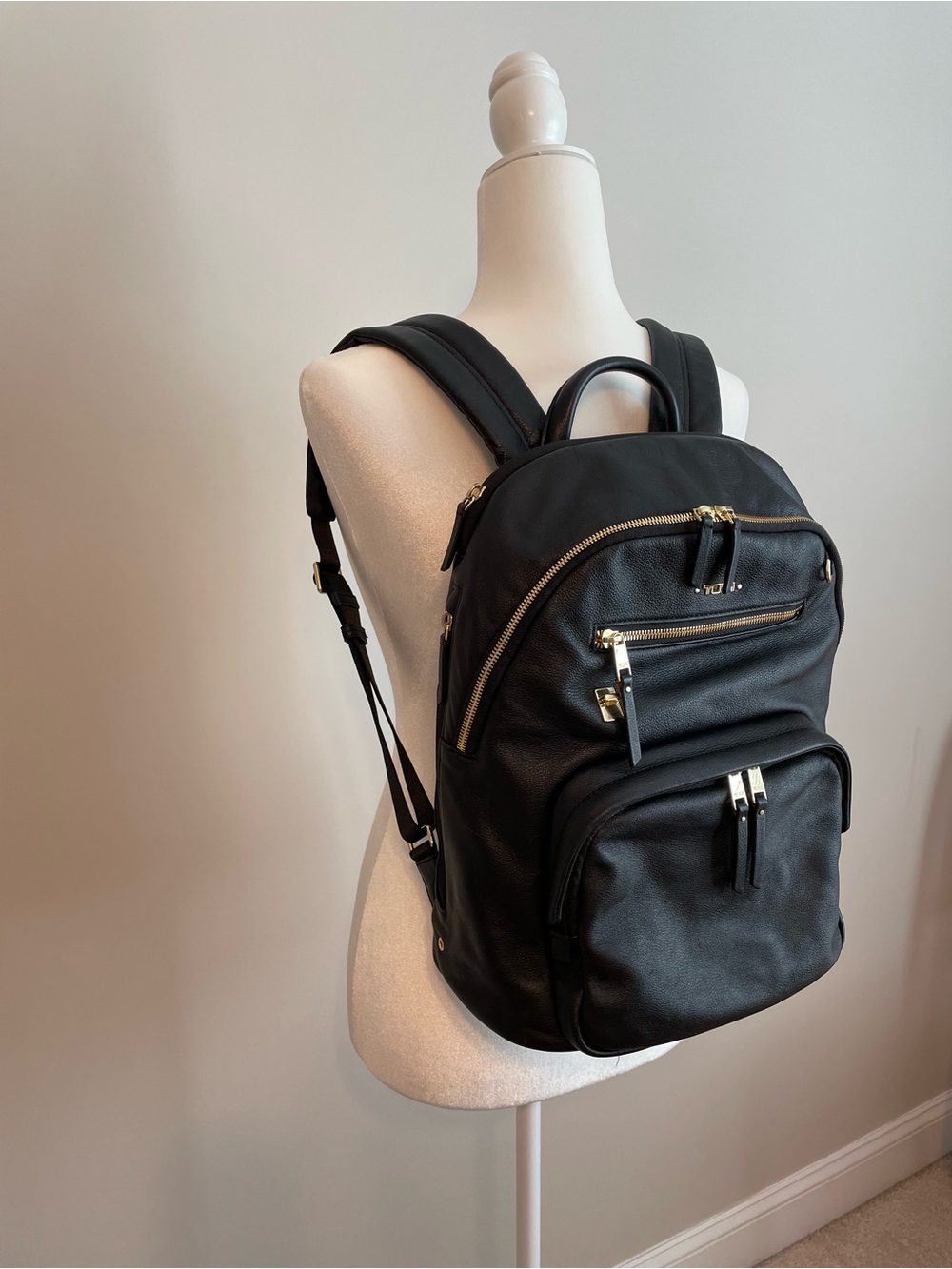 Tumi Black Leather Backpack with Goldtone Hardware